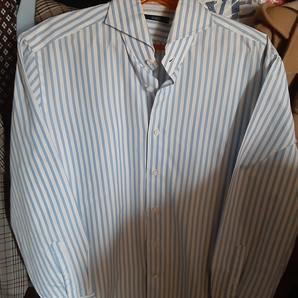 JEAN-MANUEL MOREAU - PARIS Men's Blue and White Striped Dress Shirt